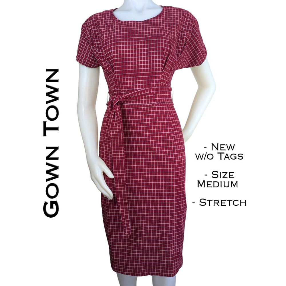 Gown Town Bodycon Sheath Dress Medium 50s Style Red White Windowpane Check